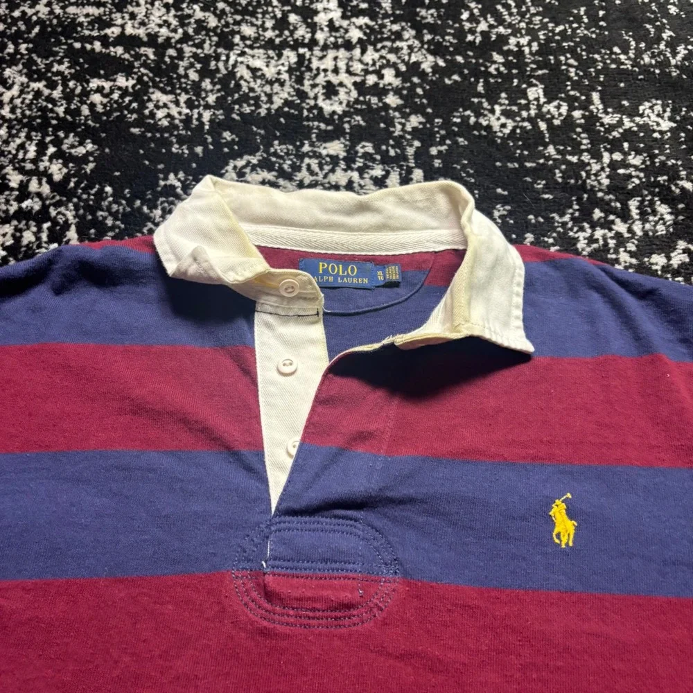 Polo Ralph Lauren Mens Rugby Shirt XL Long Sleeve Striped Navy Burgundy Yellow - Picture 2 of 5